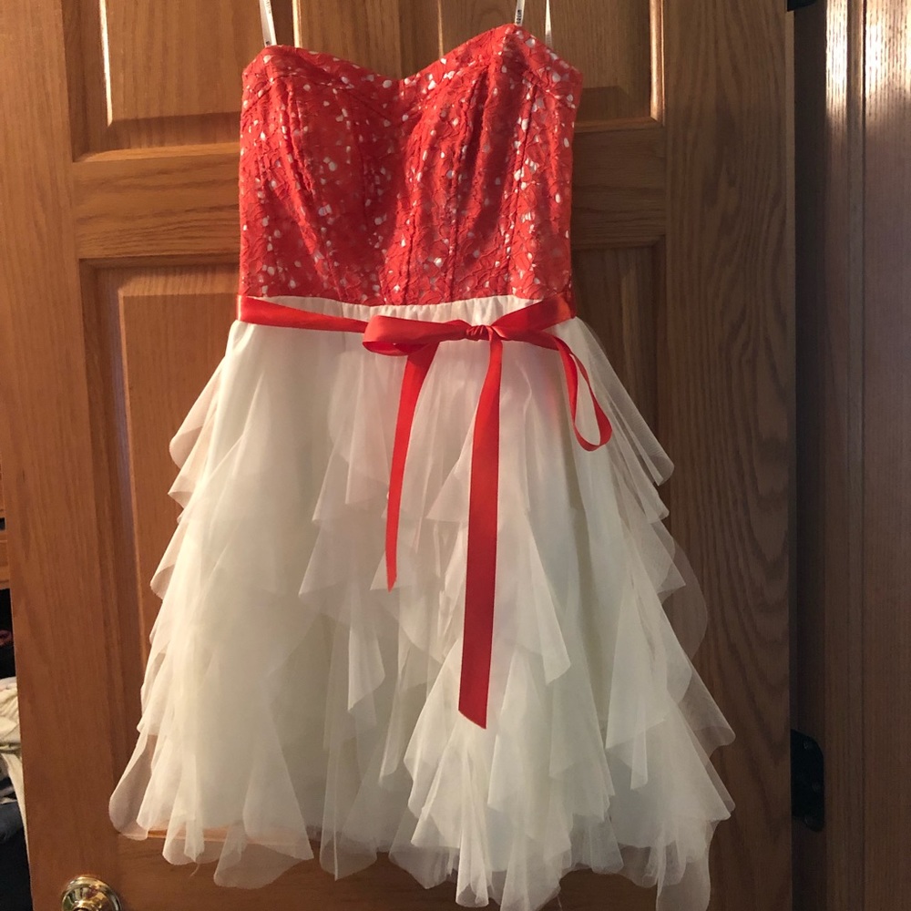 Salmon lace and cream ruffled strapless dress